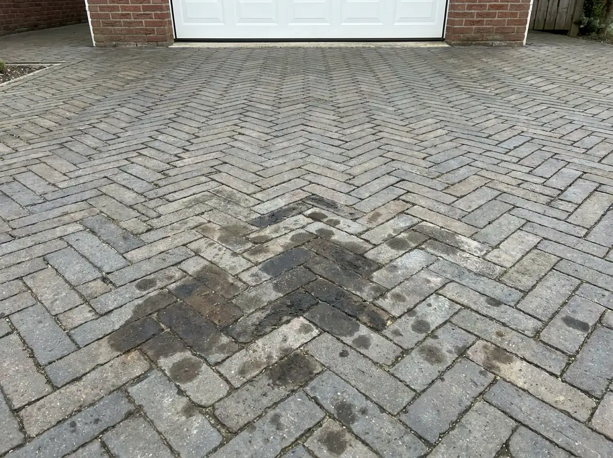 Olievlekken en bandensporen op klinker-oprit