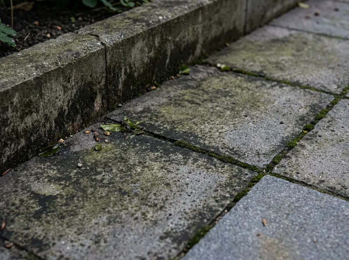 Groene aanslag in de hoek van een natuursteen terras